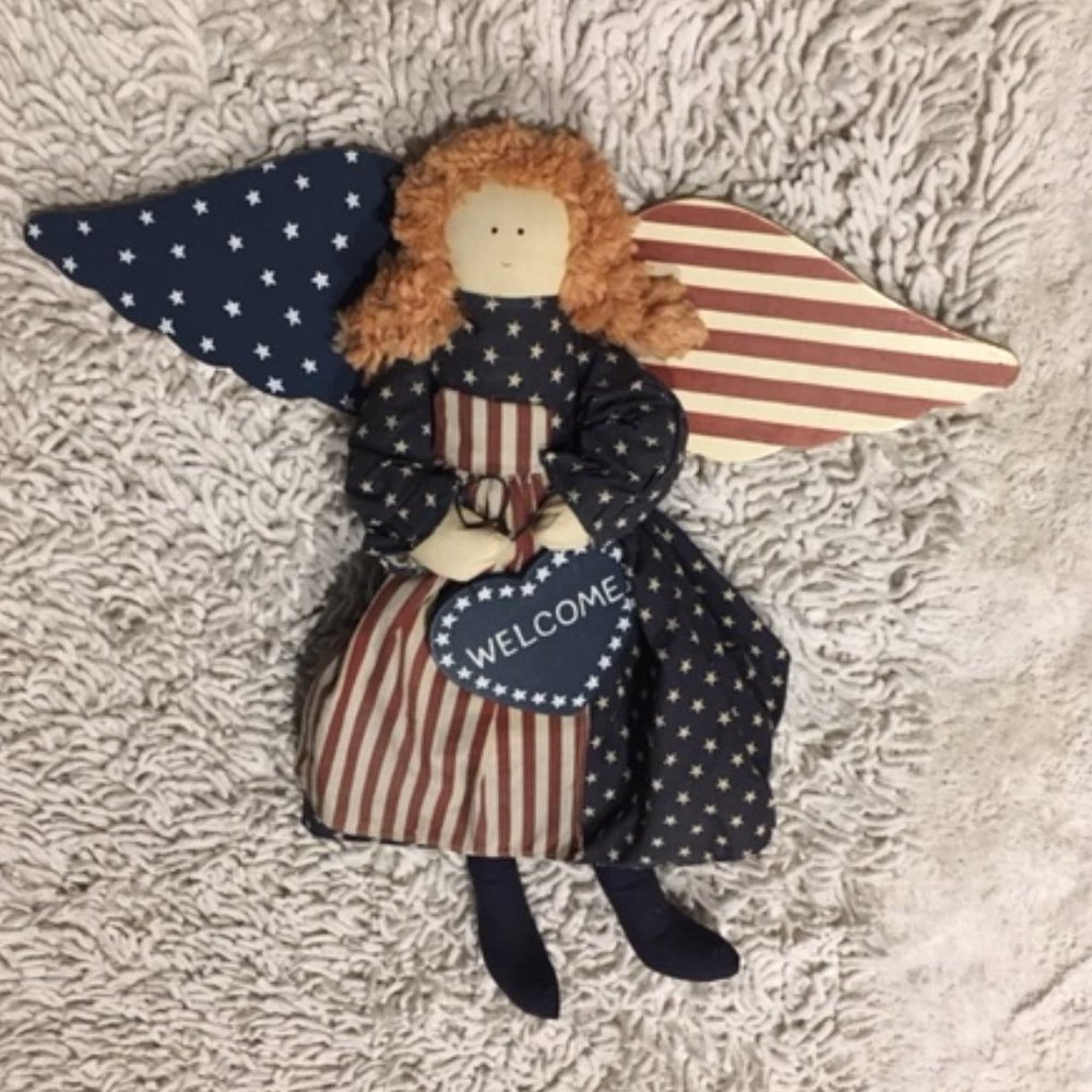 VTG Patriotic Angel Red White Blue Stars Stripes Hanging Door Welcome Doll 17x16